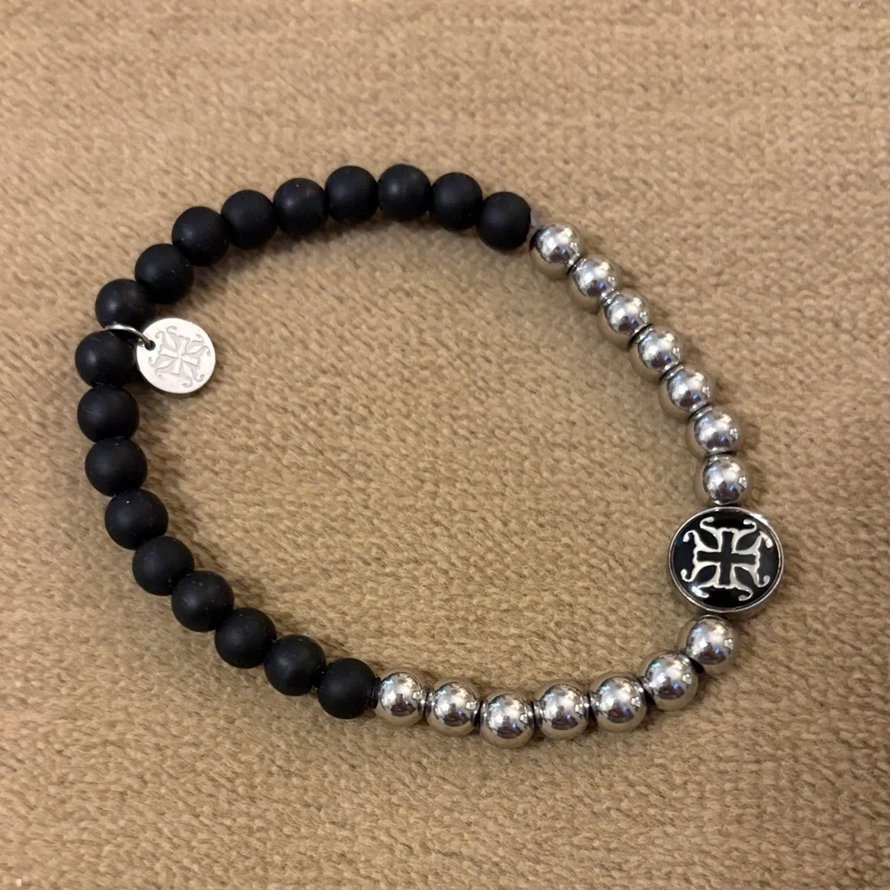 Rustic Cuff Black and Silver Beaded Bracelet with Logo Charm - Picture 2 of 6